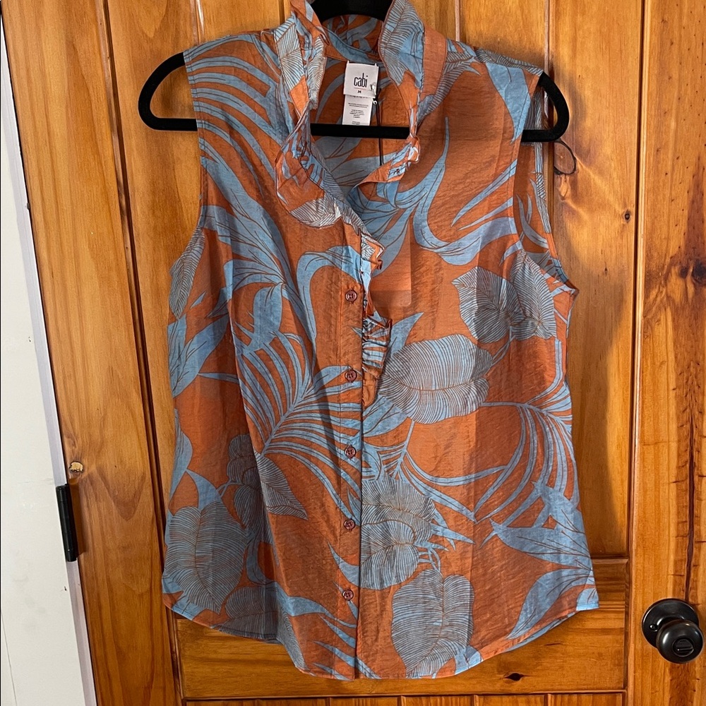 CAbi Rust & Light Blue Tropical Print Sleeveless Button Blouse
